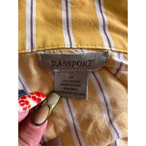 Passport Yellow, Tan & White Striped Button Down Crop Top with Front Tie at Wais - Picture 3 of 9